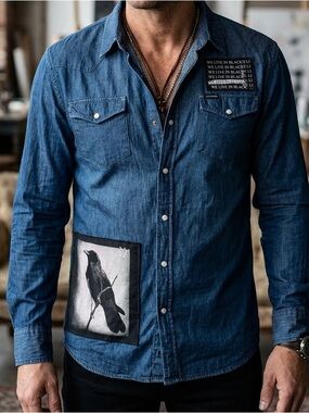Religion Denim Button-Up Shirt with Raven Patch